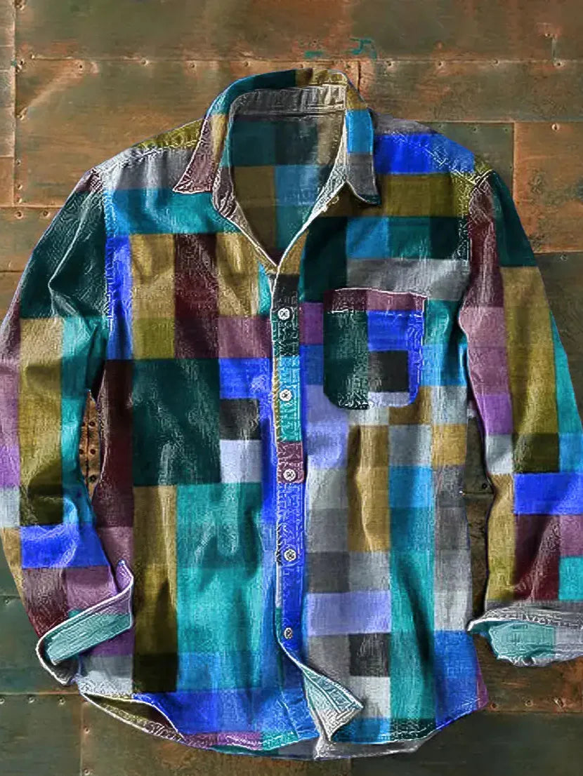 Printed men's long-sleeved shirt – relaxed, casual cut with button placket
