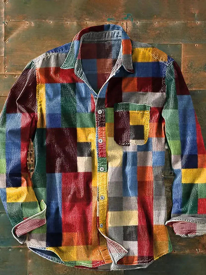 Printed men's long-sleeved shirt – relaxed, casual cut with button placket