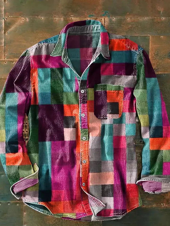 Printed men's long-sleeved shirt – relaxed, casual cut with button placket