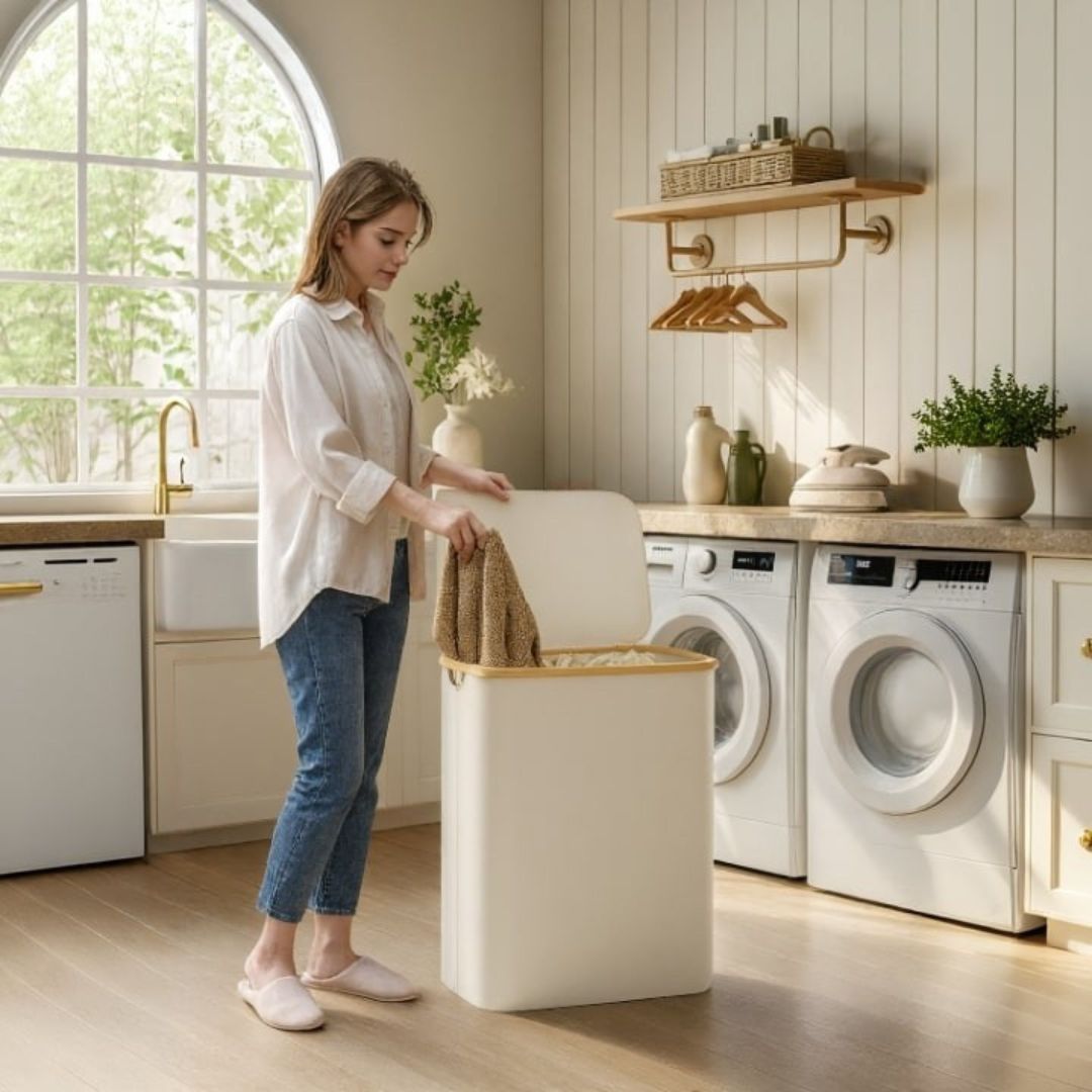 Wäschekorb mit Deckel | Wäschesammler mit 3 Fächern in Schwarz, Beige und Grau | WäscheBox