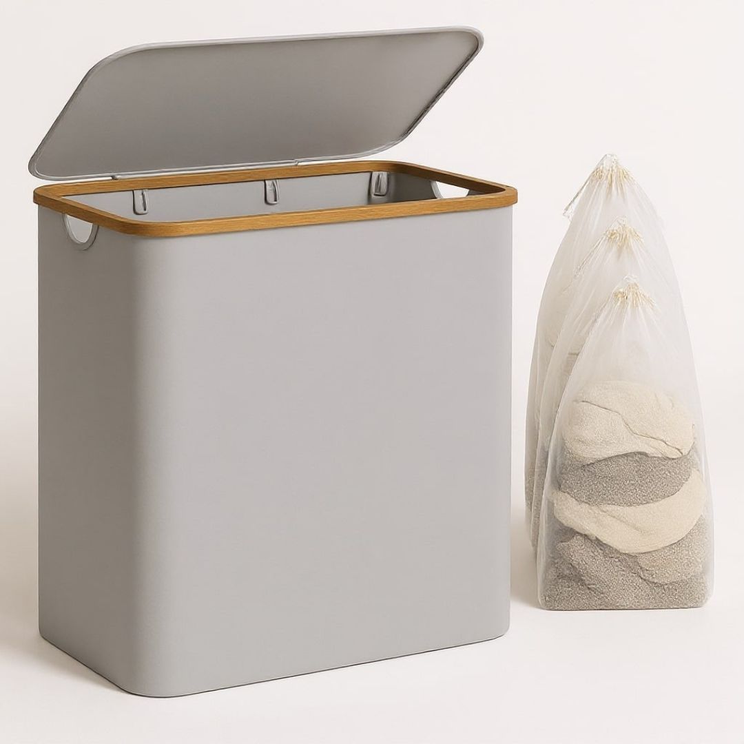 Laundry Basket with Lid | Laundry Sorter with 3 Compartments in Black, Beige and Grey | WäscheBox