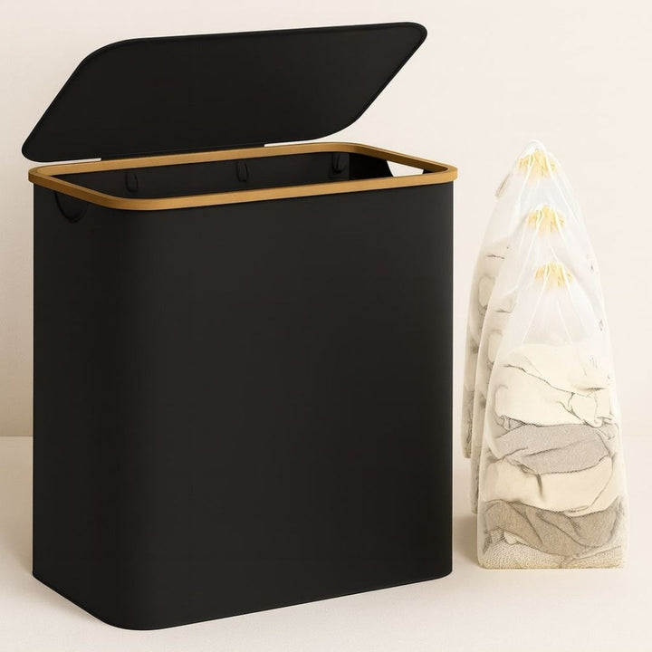 Wäschekorb mit Deckel | Wäschesammler mit 3 Fächern in Schwarz, Beige und Grau | WäscheBox