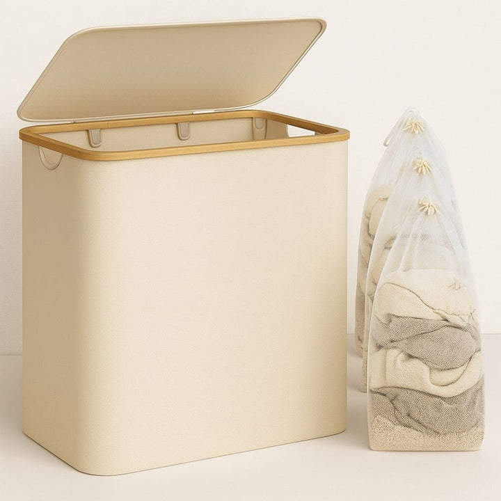 Wäschekorb mit Deckel | Wäschesammler mit 3 Fächern in Schwarz, Beige und Grau | WäscheBox