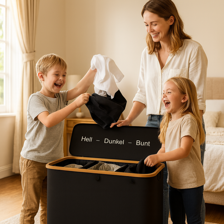 Wäschekorb mit Deckel | Wäschesammler mit 3 Fächern in Schwarz, Beige und Grau | WäscheBox